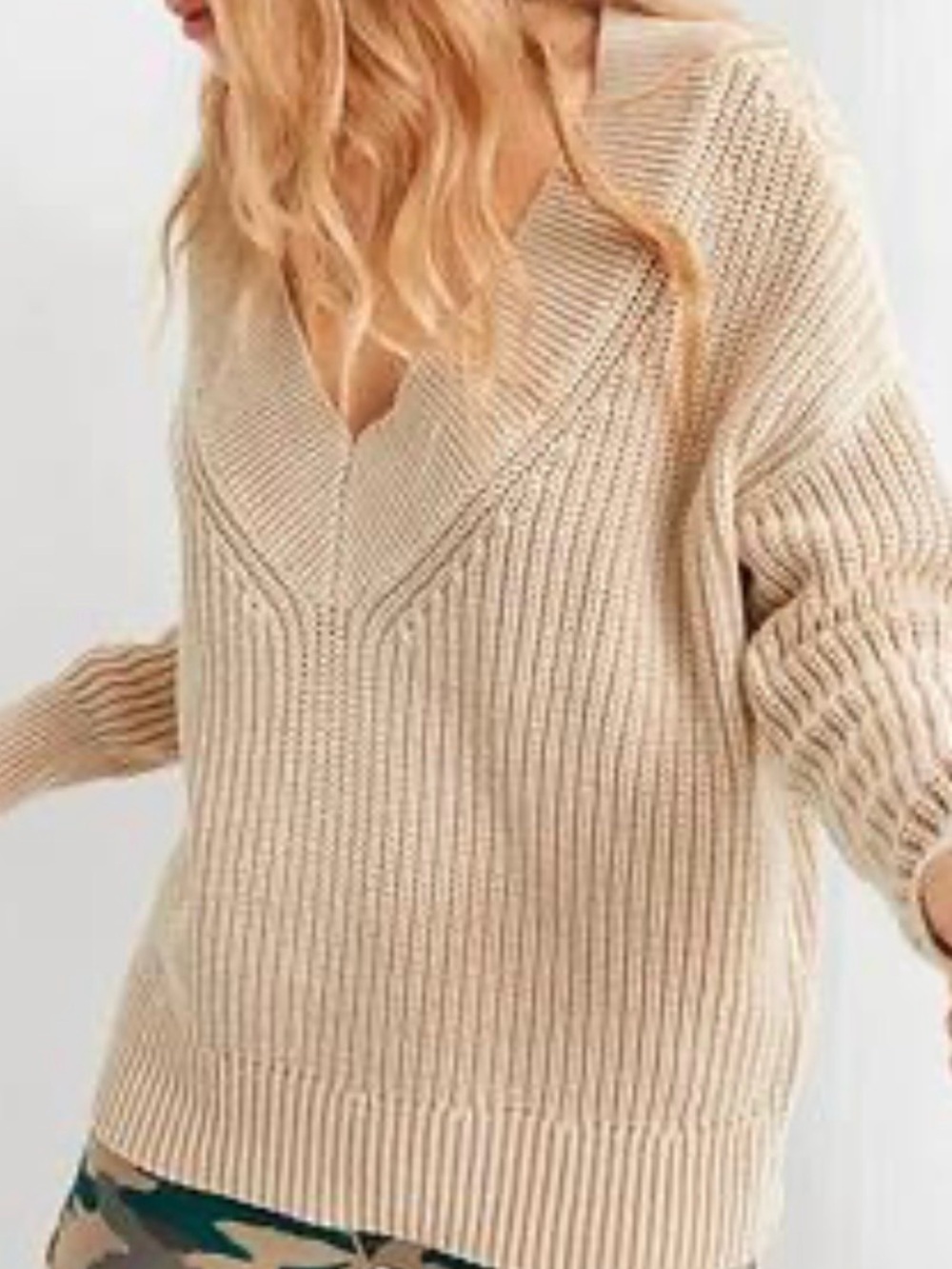 Aerie V Neck Chunky Knit Pullover Sweater Tan 100% Cotton Cozy Relaxed Fit XL